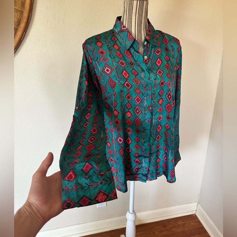 Scully Teal and Red Geo Print Long Sleeve Button-Up Blouse